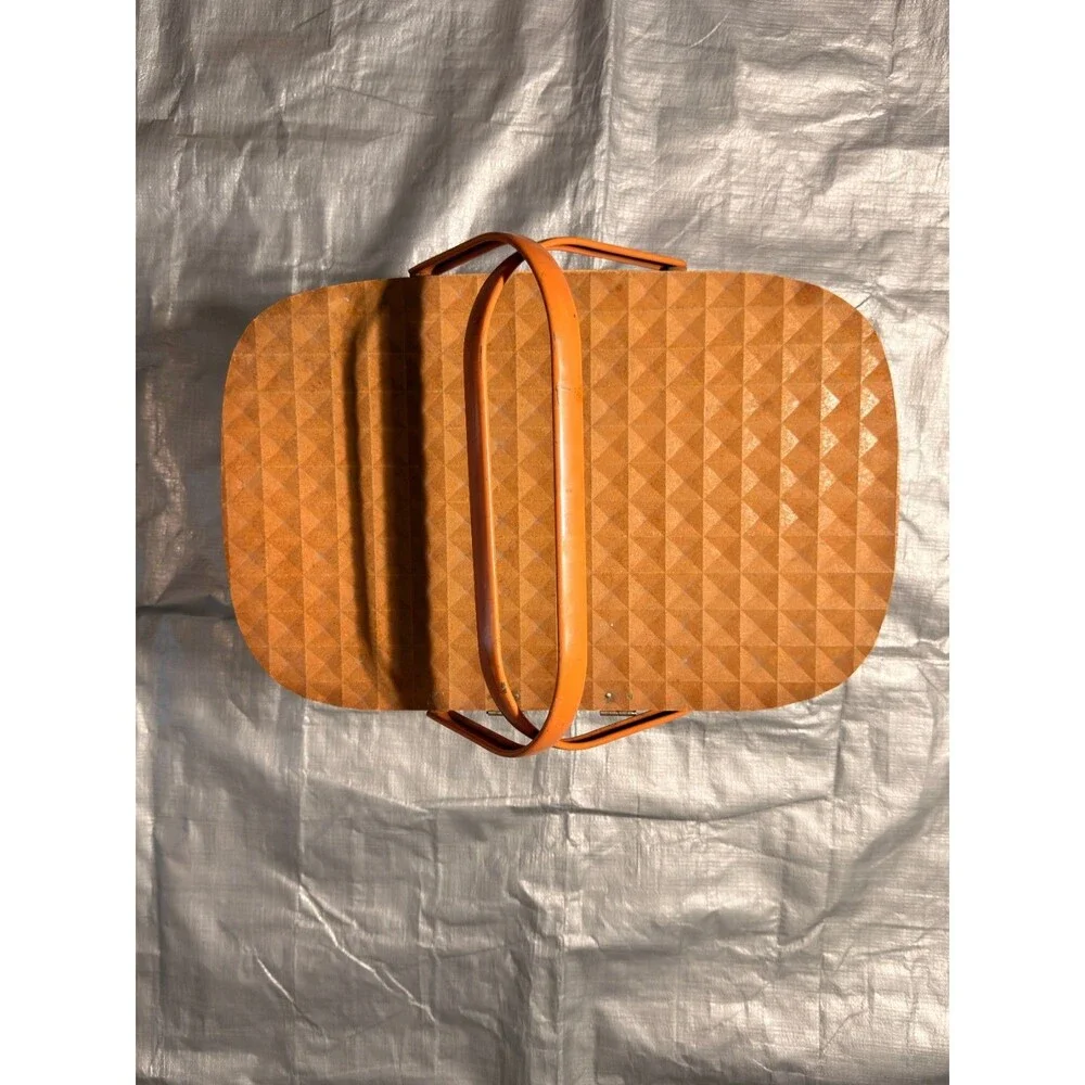 Vintage Red-Man Woven Picnic Basket Orange Interior Folding Handles Peru Indiana